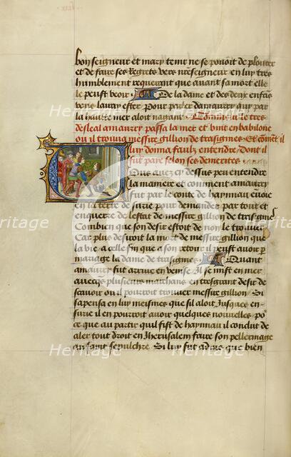 Initial V: The Knight Amaury Kneeling before Gillion and the Sultan, 1464. Creators: Lieven van Lathem, David Aubert.