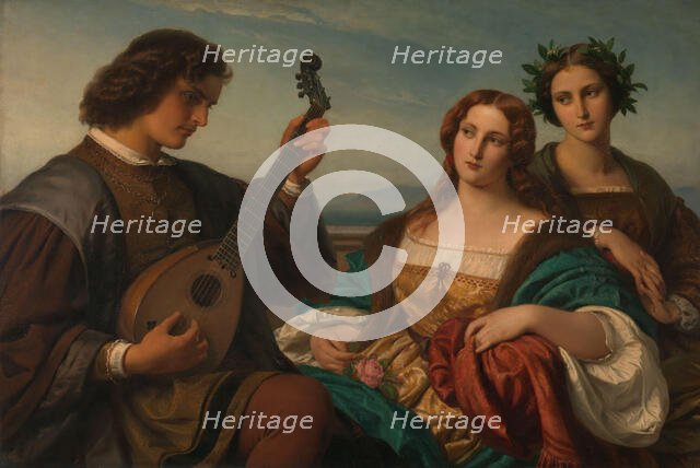 Minstrel and two listening Ladies, 1849. Creator: Carl Ferdinand Sohn.