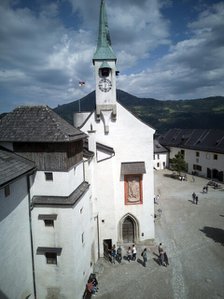 Looking down onto the Chapel and square in the Festung Hohensalzburg, 2022. Creator: Ethel Davies.