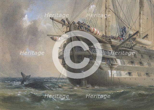 H.M.S. Agamemnon Laying the Atlantic Telegraph Cable in 1858: a Whale Crosses the Line, 1865-66. Creator: Robert Charles Dudley.