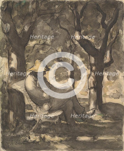 A Man Reading in a Garden (recto)..., ca. 1865. Creator: Honore Daumier.