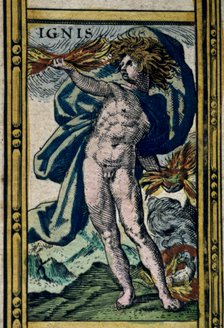  'Fire', coloured engraving from the book 'Le Theatre du monde' or 'Nouvel Atlas', 1645, created,…