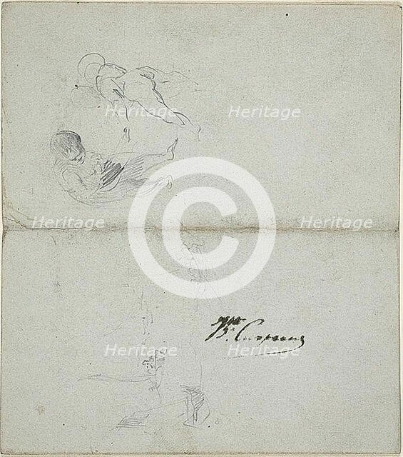 Sketches of Two Children, Boats at Sea (recto); Sketches of Striding Male Figure Holdin..., 1847/75. Creator: Jean-Baptiste Carpeaux.