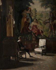 Gripsholm, interior from the King's bedchamber with male staffage figure. Creator: Edvard Perseus.