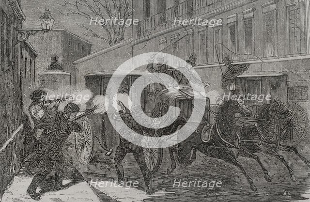 Attack on General Prim (1814-1870) in calle del Turco (Turk Street) Madrid on 27 Dec 1870 (1871).  Creator: Unknown.