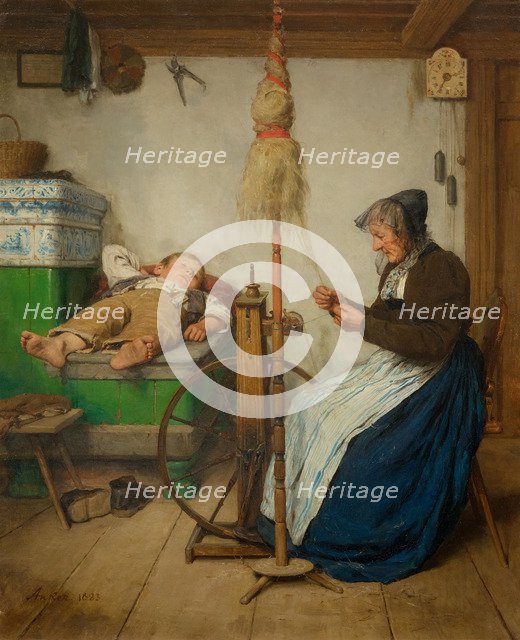 Grandmother at a spinning wheel and a sleeping boy on an oven bench, 1883.