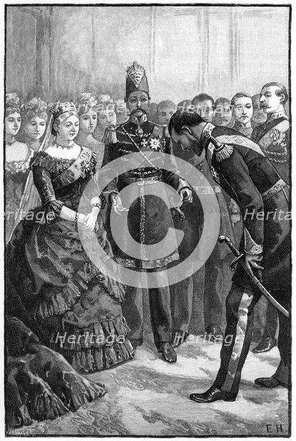 The Shah of Persia presenting his suit to Queen Victoria at Windsor, mid-late 19th century. Creator: Unknown.