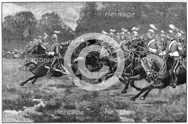 Charge of the 5th and 7th Dragoon Guards, review in Windsor Park, 1900. Artist: Unknown