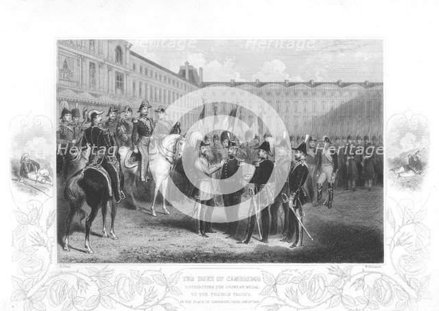 The Duke of Cambridge presenting the Crimean Medal to French soldiers, 1856. Artist: Unknown
