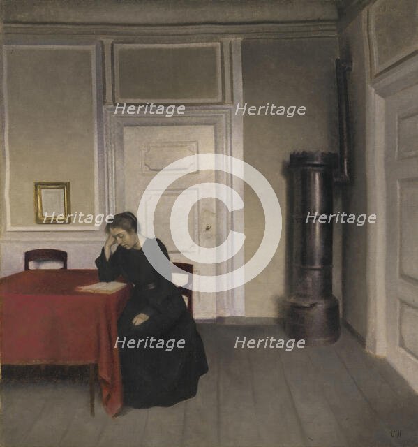 A Room in the Artist's Home in Strandgade, Copenhagen, with the Artist's Wife, 1902. Creator: Vilhelm Hammershøi.