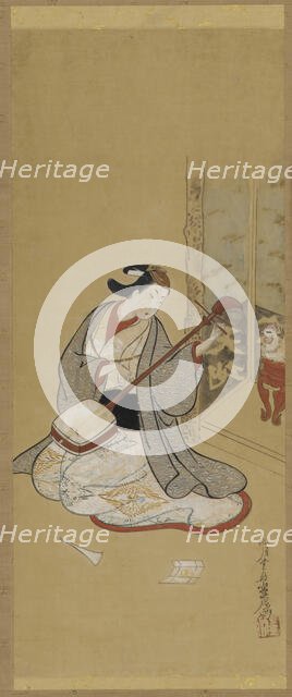An actor in female dress stringing a samisen, Edo period, mid-late 18th century. Creator: Toriyama Sekien.