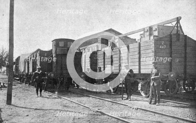 'Les evenements de Grece; Wagons de materiel militaire saisis a Athenes, dans la gare de..., 1916. Creator: S. Leonce.