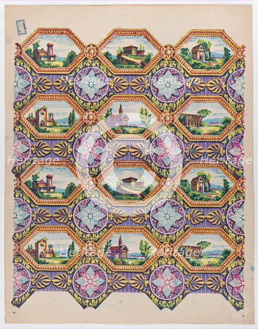 Sheet with pattern of brightly colored landscapes in hexagonal frame..., late 18th-mid-19th century. Creator: Anon.