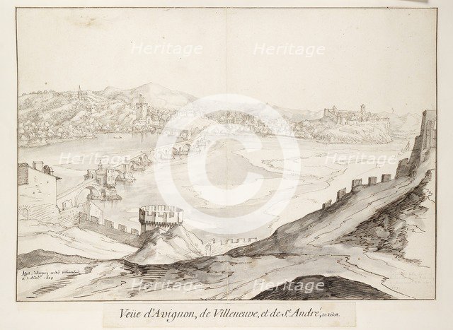 View of the Bridge at Avignon looking towards Villeneuve, early 17th century. Artist: Etienne Martellange.