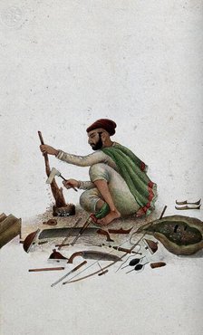 Delhi: a carpenter chipping at wood, (between 1800 and 1899?). Creator: Unknown.