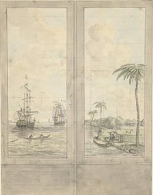 Design for two wallpapers: river with ships in the colonies, c.1752-c.1819. Creator: Juriaan Andriessen.
