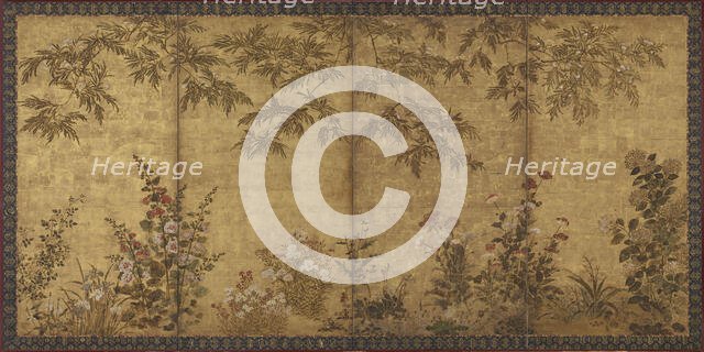 Mimosa tree, poppies and other summer flowers, Edo period, 1630-1670. Creator: Tawaraya Sosetsu.