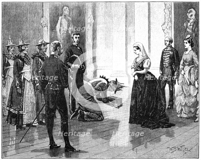 The queen receiving the Burmese embassy, mid-late 19th century, (1900).Artist: William Barnes Wollen