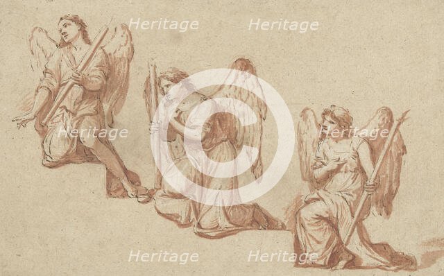 Three studies of kneeling angels with torches, 1690-1699. Creator: Marc Antonio Franceschini.