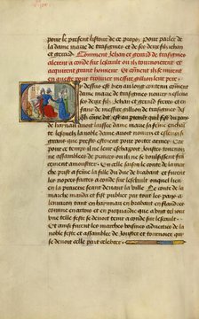 Initial C: Gillion's Sons Taking Leave of Their Mother Marie; Roman de Gillion de Trazegnies, 1464. Creators: Lieven van Lathem, David Aubert.