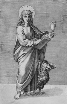 Saint John holding chalice in left hand, book in right, eagle standing by left si..., ca. 1500-1550. Creator: School of Marcantonio Raimondi.