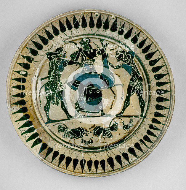 Athenian? (or Laconian?) black-figure plate depicting Heracles and Apollo fighting over a deer, c560 Artist: Unknown.