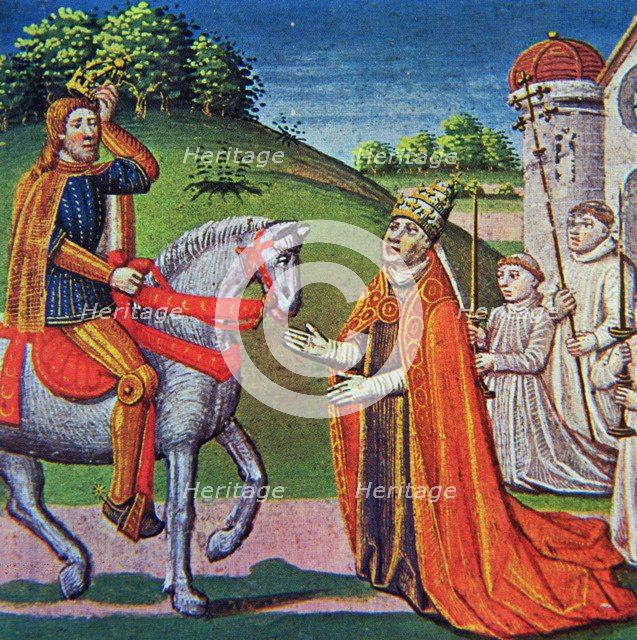 Meeting between Pope Adrian I and Charlemagne, miniature in the incunabula 'Chronicles of France'…