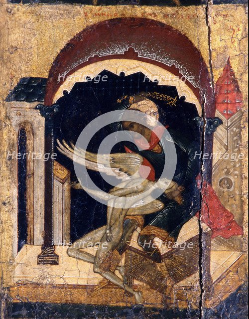 Saint Nicetas Vanquishing Satan (Detail), 16th century. Artist: Russian icon  