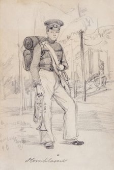 "Horn Blower". Young soldier with pack and instruments. (c1850s). Creator: Fritz von Dardel.