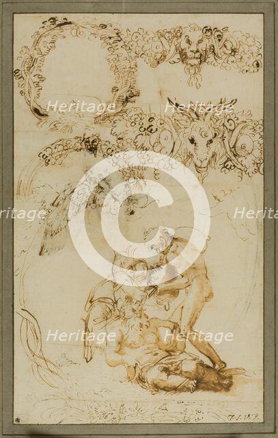 Drunken Silenus and Decorative Sketches: Studies for the Tazza Farnese (recto); Two..., 1599/1601. Creator: Annibale Carracci.