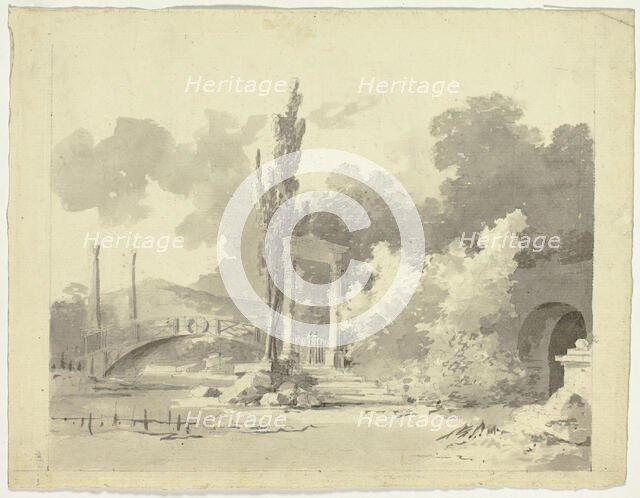 View of the Park at Versailles: Arched Bridge with Columned Approaches, n.d. Creator: Pierre Antoine Mongin.