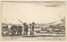 Plate 3: An officer giving orders to a soldier in centre foreground, cannon at left, f..., ca. 1641. Creator: Stefano della Bella.