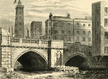 'South End of Old London Bridge, with Shot Tower and St. Olave's Church, in 1820', (c1878). Creator: Unknown.