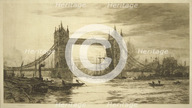Tower Bridge viewed from the River Thames, London, c1894-1931. Artist: William Lionel Wyllie