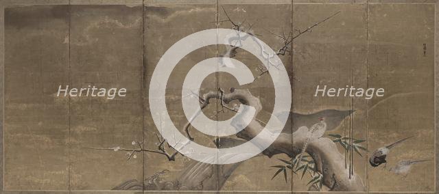 Winter Scene with Plum Trees and Pheasants (Birds Left), early 1600s. Creator: Kano Naonobu (Japanese, 1607-1650).