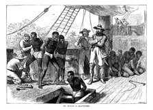 Captives being brought on board a slave ship on the West Coast of Africa (Slave Coast), c1880. Artist: Unknown