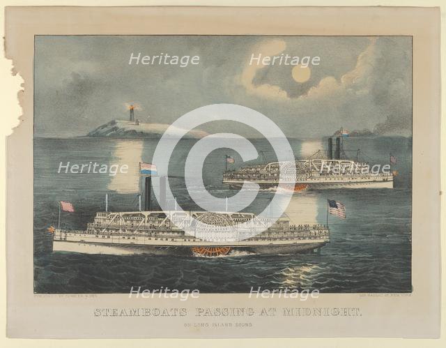 Steamboats Passing at Midnight - On Long Island Sound, 1872-74., 1872-74. Creators: Nathaniel Currier, James Merritt Ives, Currier and Ives.