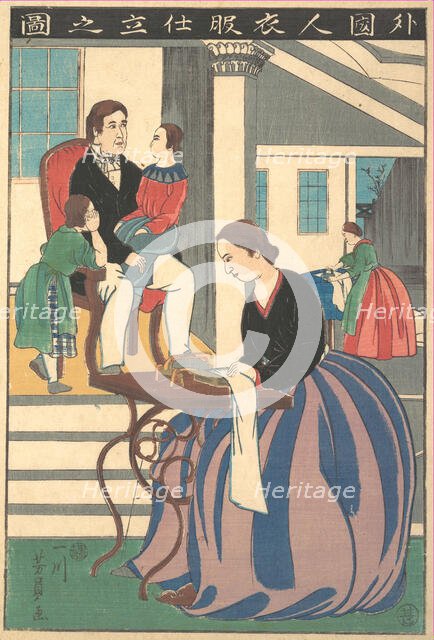 Picture of a Foreigner Making Clothes, 1860. Creator: Yoshikazu.