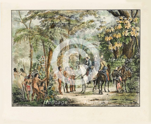 The encounter between the Native Americans and Europeans. From Malerische Reise in Brasilien.