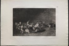 Bullfights: Two Teams of Picadors Thrown One After the Other by a Single Bull, 1876. Creator: Francisco de Goya (Spanish, 1746-1828).