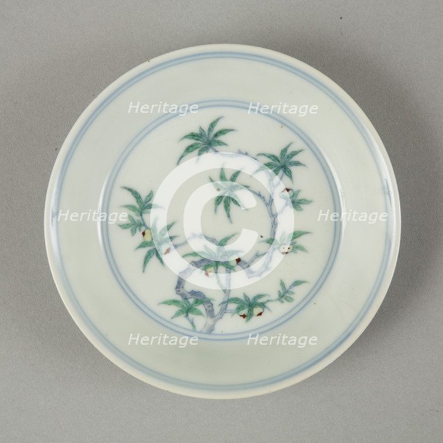 Doucai saucer with fruiting peach, late Kangxi period (1700-1722). Artist: Unknown.