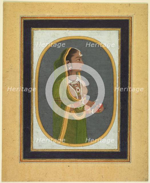 Court lady pouring wine, c. 1760; borders c. 1830s. Creator: Muhammad Rizavi Hindi (Indian, active mid-1700s), attributed to.