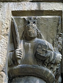 Capital of one of the Gothic galleries of the cloister built between (1387 - 1401) representing a…