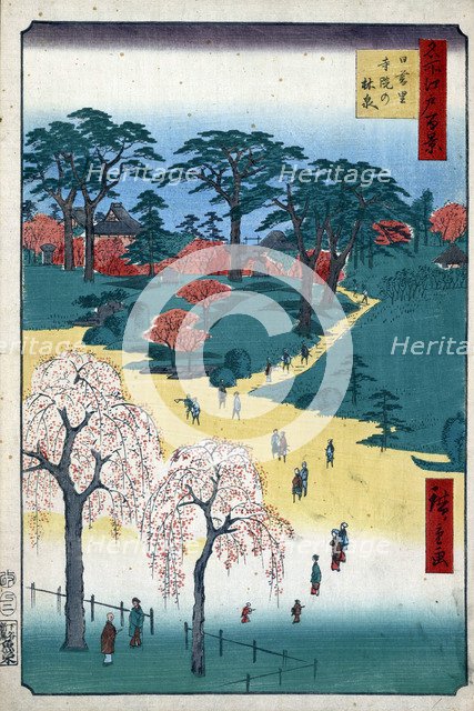 Temple Gardens in Nippori (One Hundred Famous Views of Edo), 1856-1858.  Creator: Hiroshige, Utagawa (1797-1858).