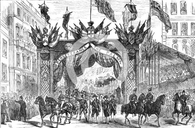 The Lord Mayor's Procession: presenting an address to the Lord Mayor at the Arch..., 1881. Creator: Unknown.