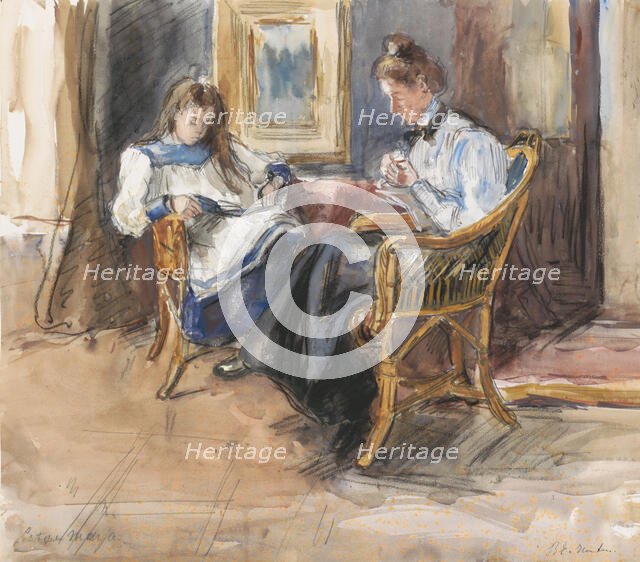Handworking lady and reading girl seated in wicker chairs, in the house at Riouwstraat 6...1872-1950 Creator: Barbara Elisabeth van Houten.