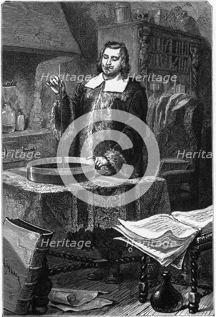 Evangelista Torricelli, Italian physicist, inventing the mercury barometer, 1643 (1873). Artist: Unknown