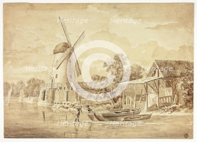 Two Figures with Docked Boats near Windmill, n.d. Creator: Hendrik Frans de Cort.
