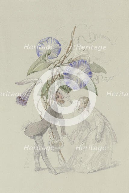 A bouquet of blue bindweed, with a couple bowing to each other below.. Creator: Adolf Schrödter.