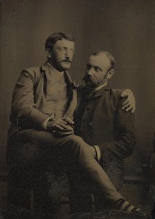 Two Men Smoking, One Seated in the Other's Lap, 1880s-90s. Creator: Unknown.
